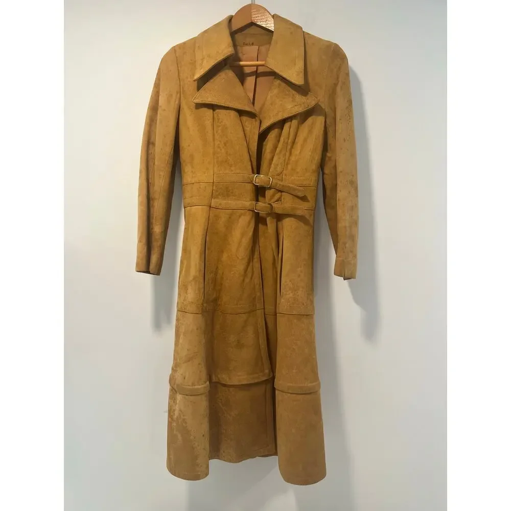 1970s RARE Vintage Leather Patchwork Trench Coat Removable Bottom Small JL - Picture 4 of 16